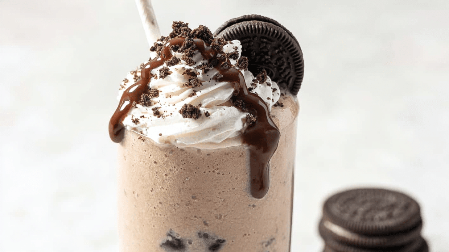 Thick cookies and cream protein shake served in a tall glass, topped with whipped cream, crushed Oreos, and a drizzle of chocolate sauce.