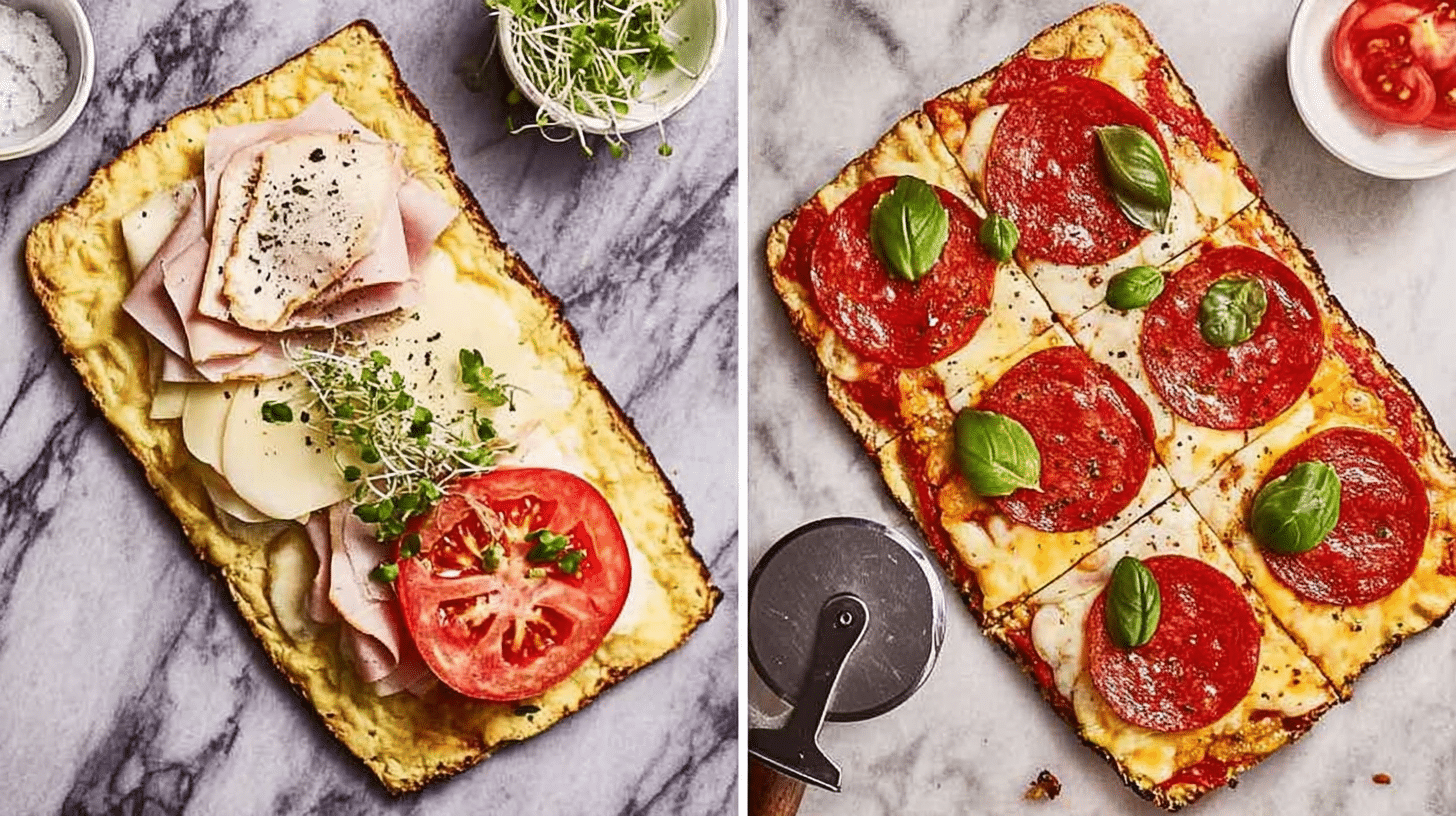 A side-by-side image showing two ways to use cottage cheese flatbread Keto: on the left as an open-faced sandwich with deli meat and tomato, and on the right as a rectangular pepperoni pizza.