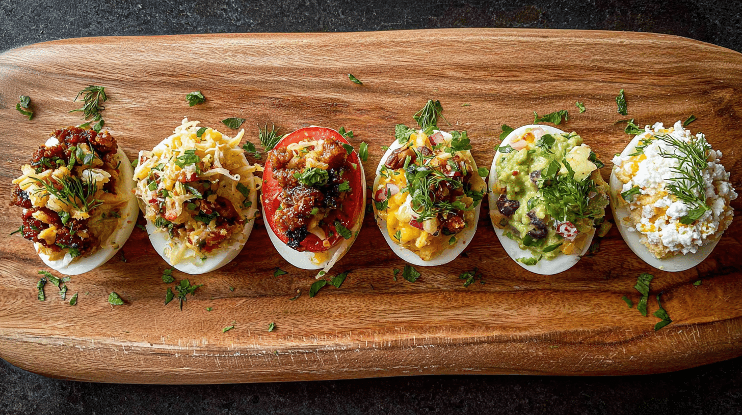 Flight eggs served on a wooden board with assorted gourmet toppings