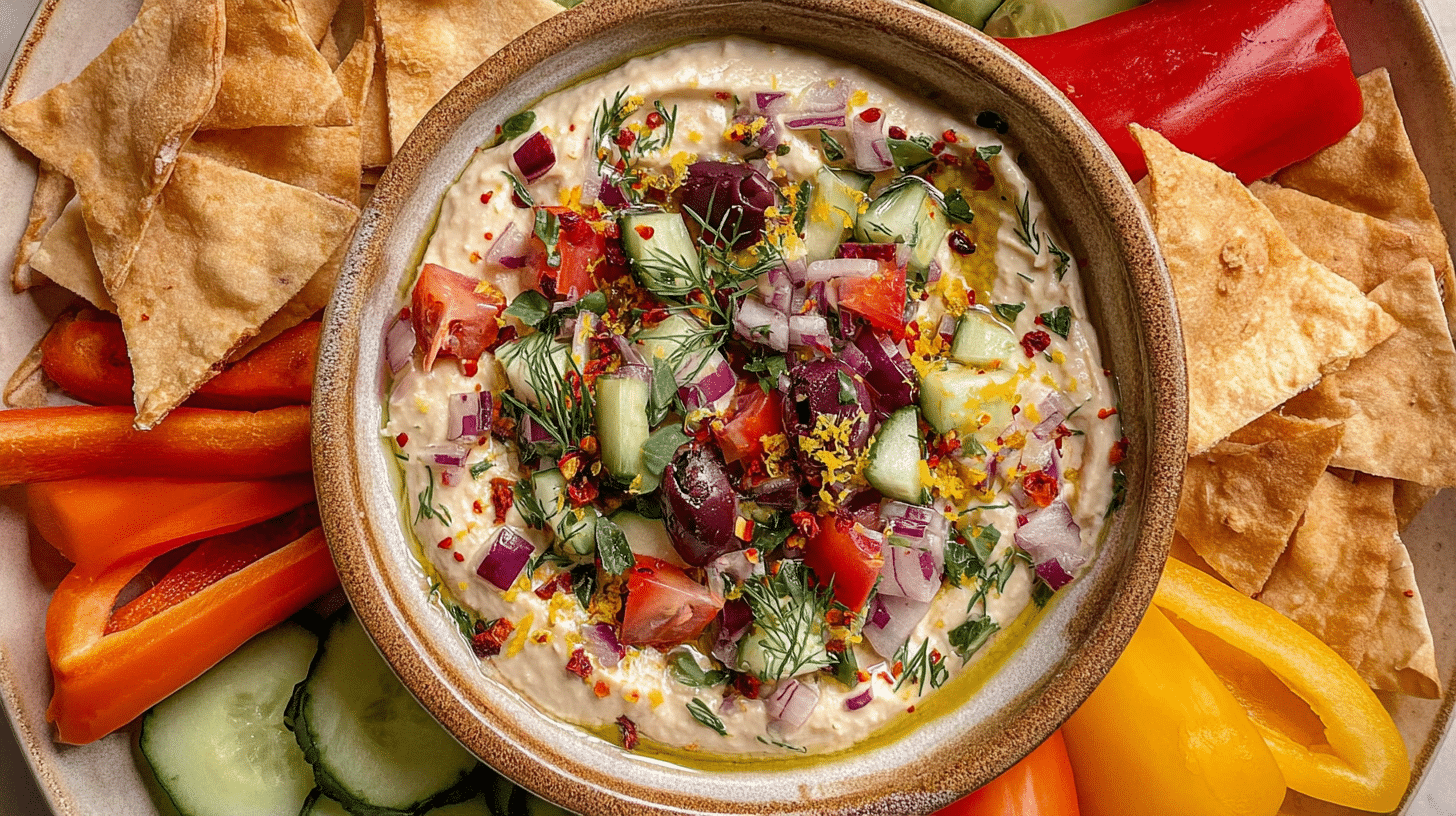 A top-down view of a large bowl of creamy high protein hummus. The hummus is topped with a colorful Mediterranean salad of chopped cucumber, red onion, tomato, and olives, and is surrounded by pita chips and fresh vegetables for dipping.