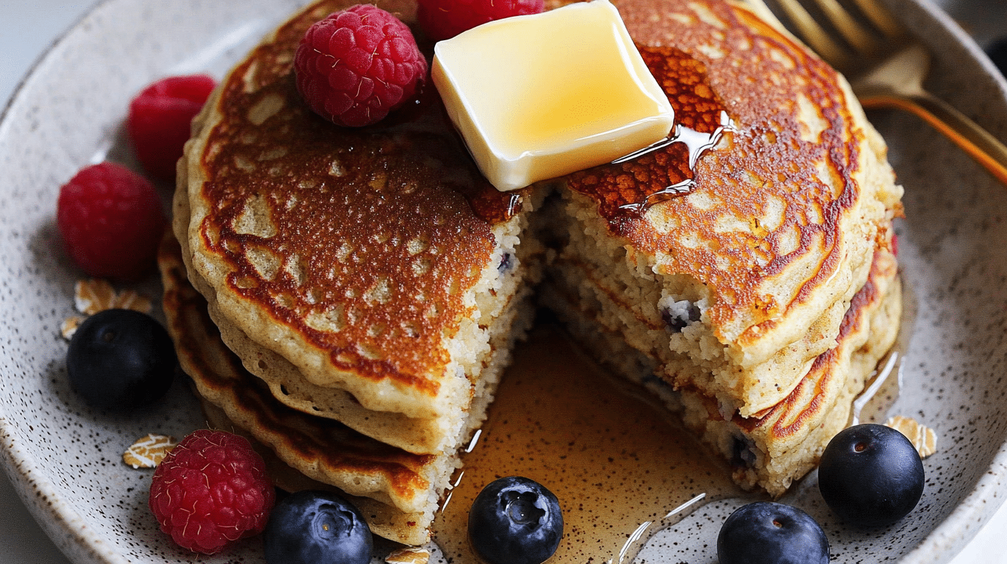 Fluffy cottage cheese oatmeal pancakes with syrup, butter, and berries