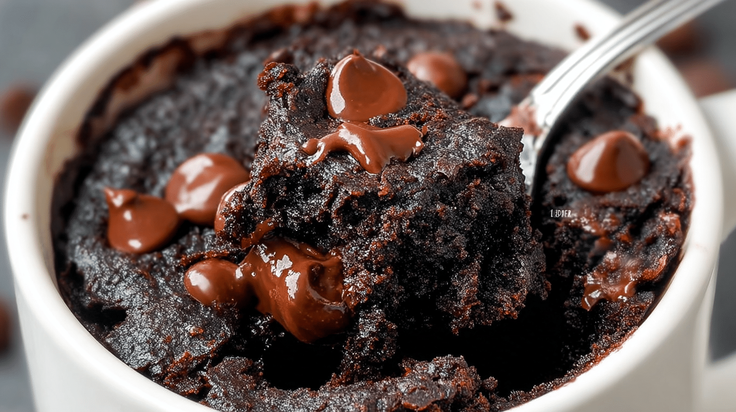 A close-up of a spoon digging into a fudgy and gooey protein microwave brownie in a white mug, topped with melted chocolate chips.