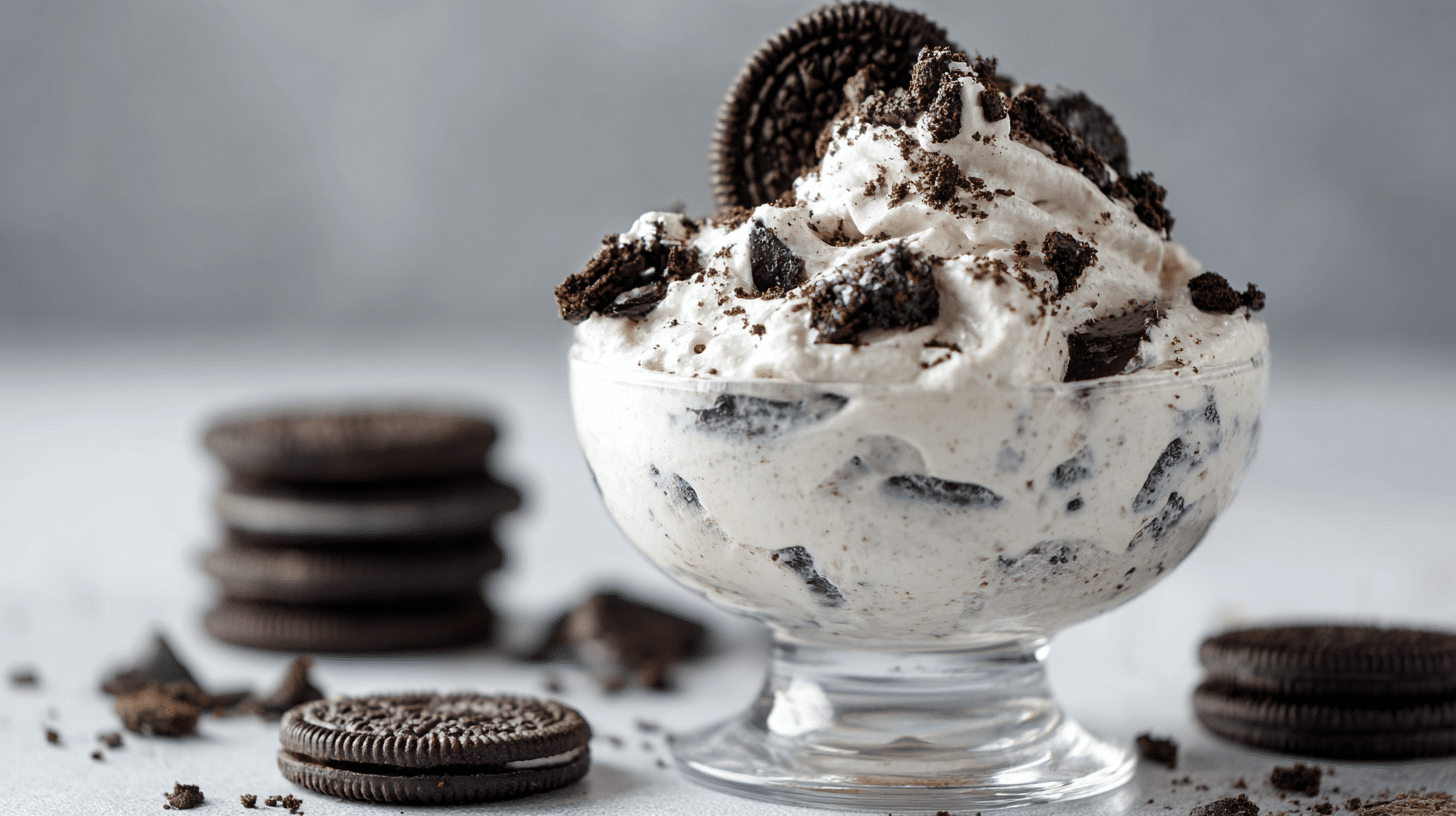 A close-up of protein Oreo fluff in a glass dessert bowl topped with crushed Oreos