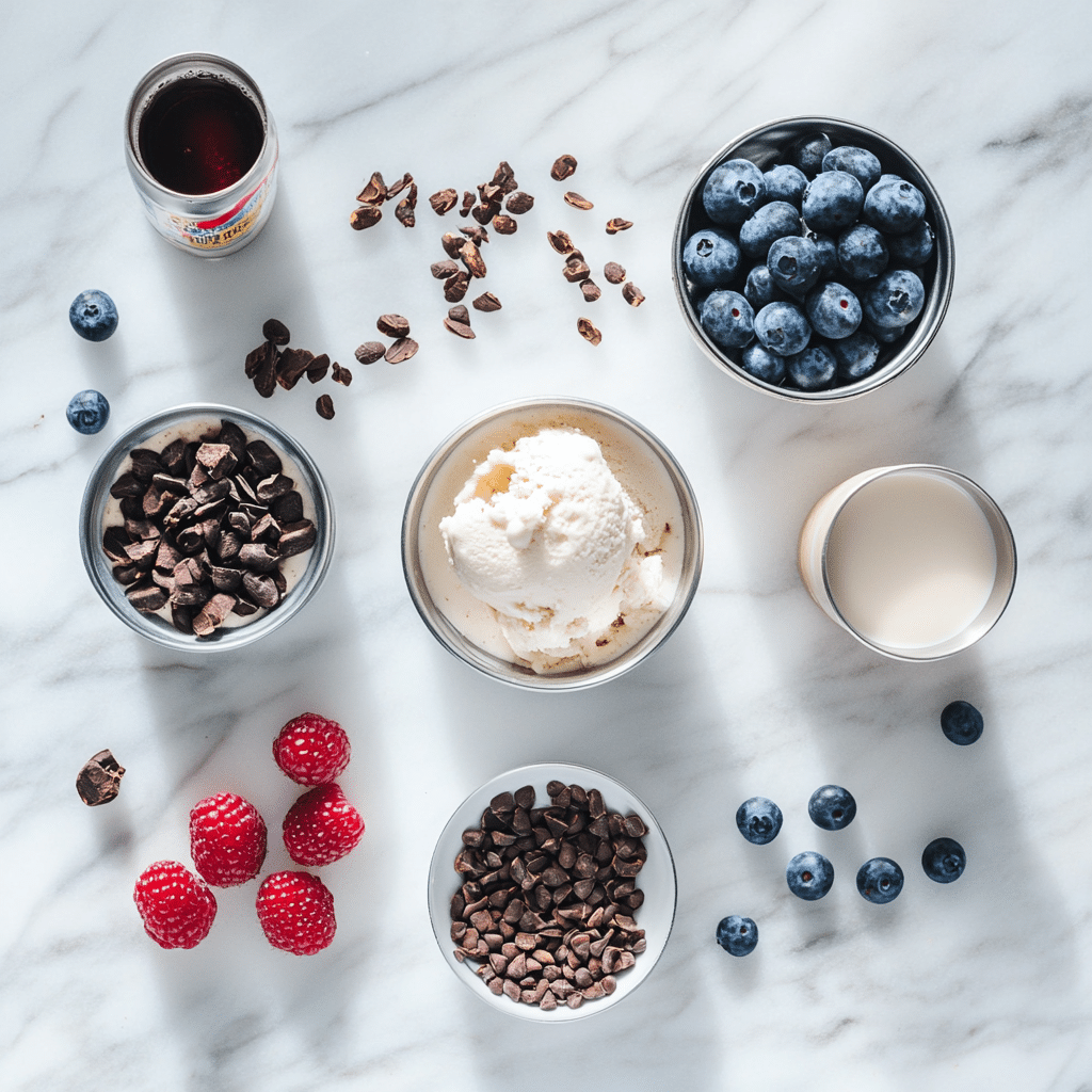 Ingredients for building the perfect Rebel Float Dairy-free and protein-packed Rebel Float ingredients on a marble background
