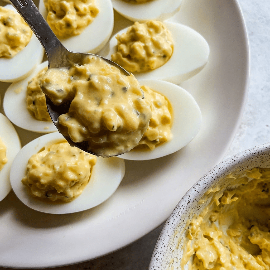 Spooning Cottage Cheese Deviled Egg Filling into Egg Whites
