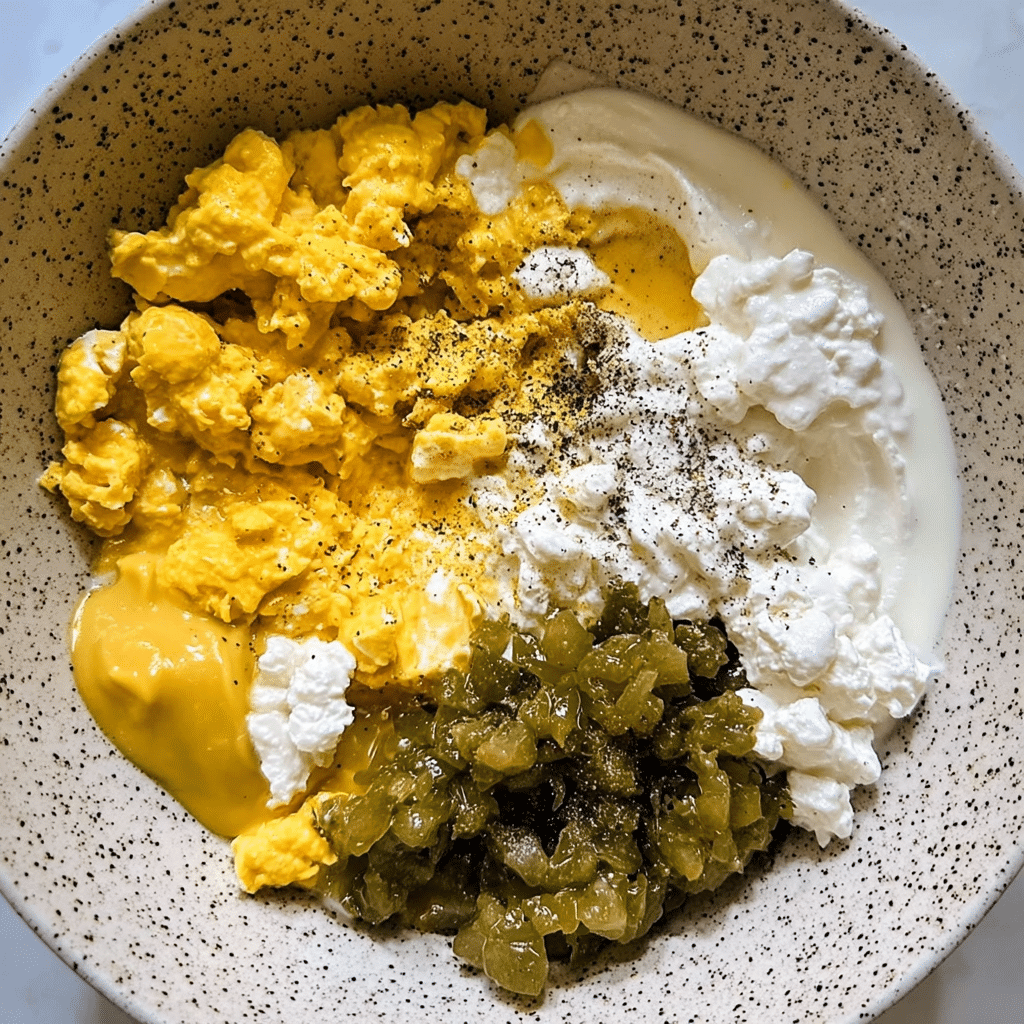Deviled Egg Filling Ingredients with Cottage Cheese in Mixing Bowl