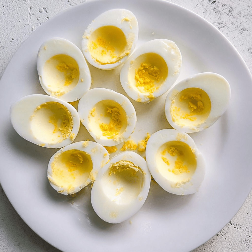 Hard-Boiled Egg Whites Ready for Deviled Egg Filling Empty hard-boiled egg white halves on a white plate, prepared for deviled egg filling with cottage cheese