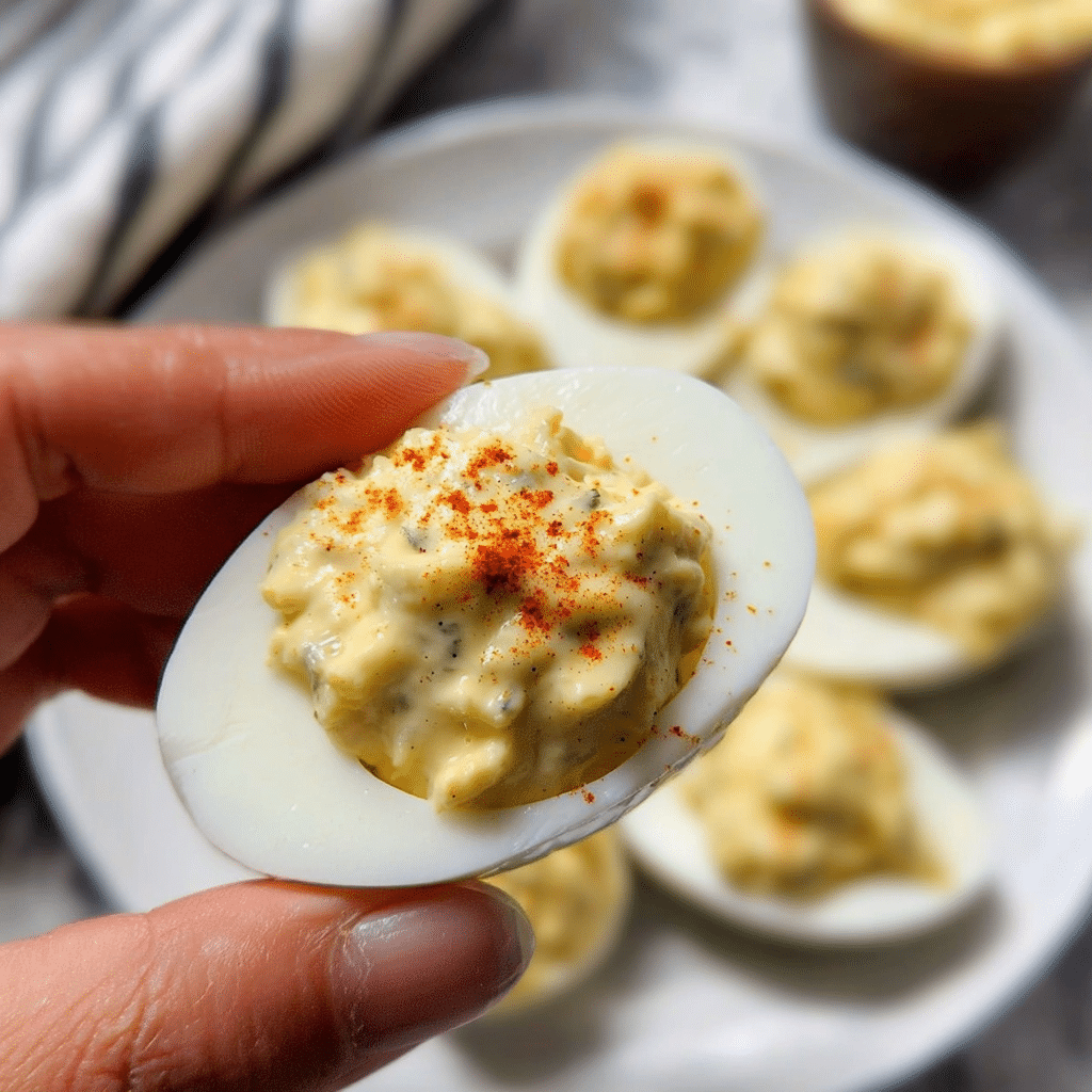 Cottage Cheese Deviled Egg Served with Paprika Garnish