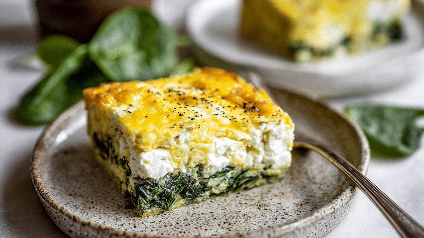 Golden slice of egg spinach cottage cheese bake on a rustic plate with fresh spinach in the background