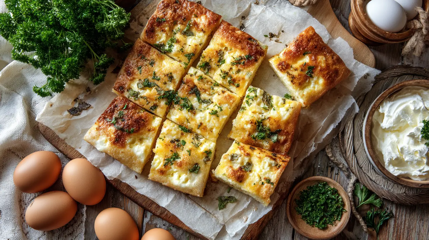 Sliced golden cottage cheese 2 ingredient flatbread with herbs on parchment paper, surrounded by eggs and creamy cheese