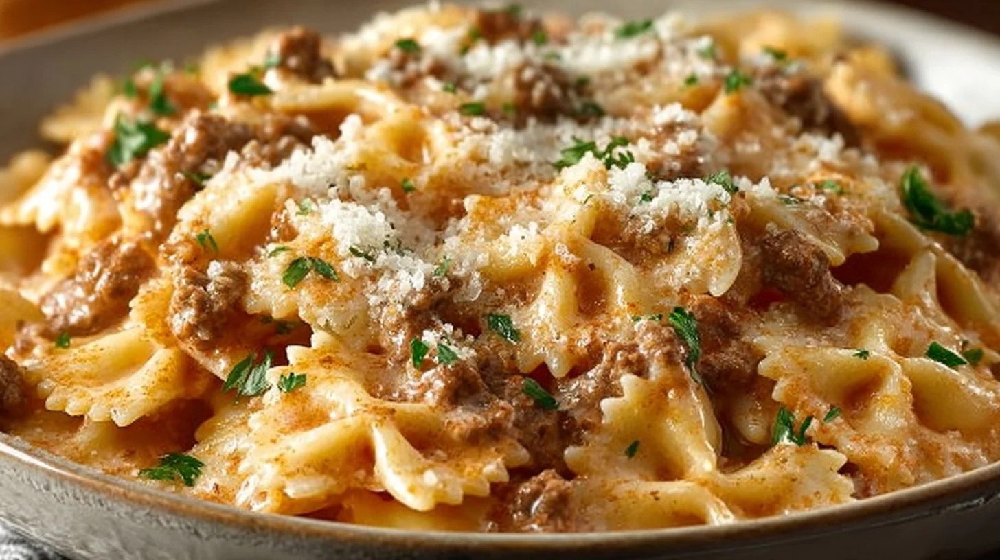Bowtie pasta served with seasoned ground beef and fresh herbs