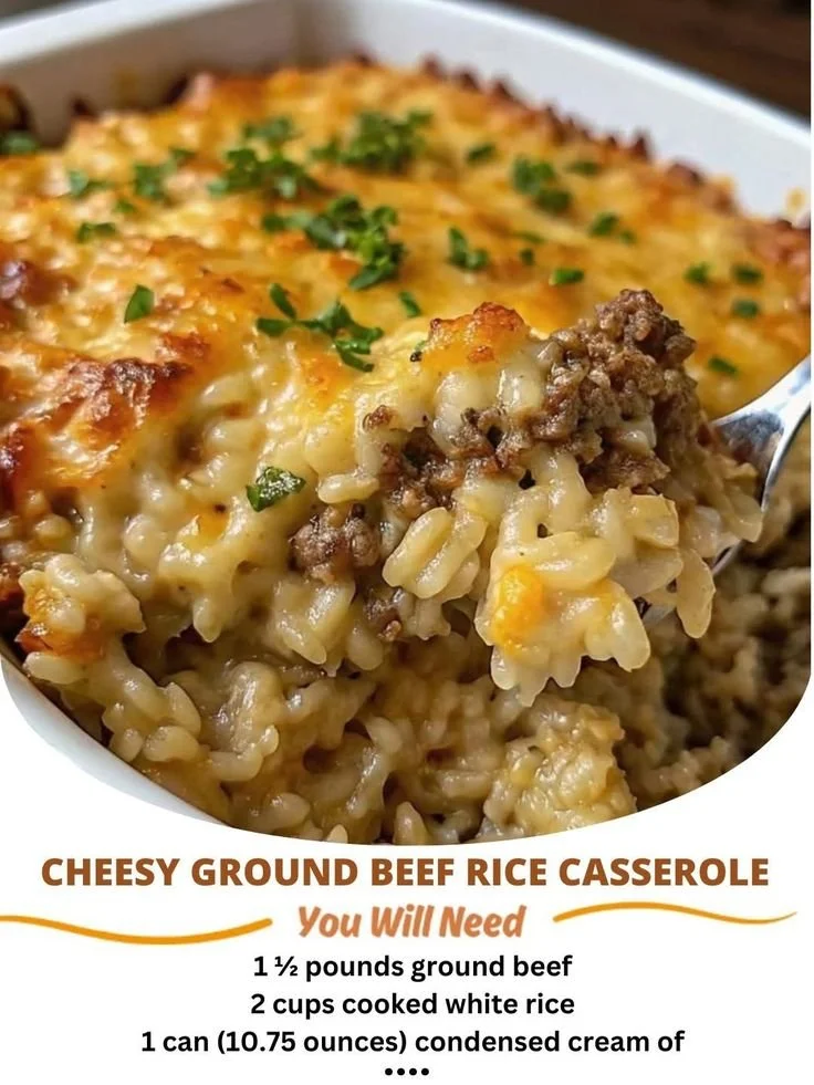 Cheesy hamburger rice casserole baked dish with melted cheese on top