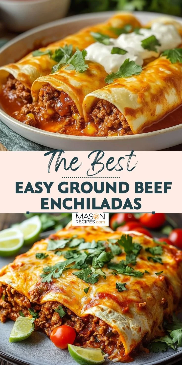 Delicious ground beef enchiladas topped with cheese and enchilada sauce.