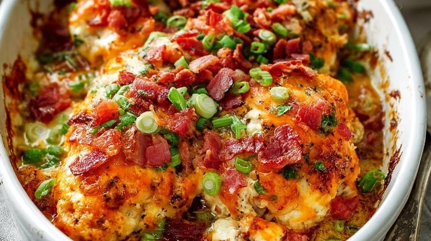 Baked Crack Chicken Breasts with cheese and spices in a serving dish