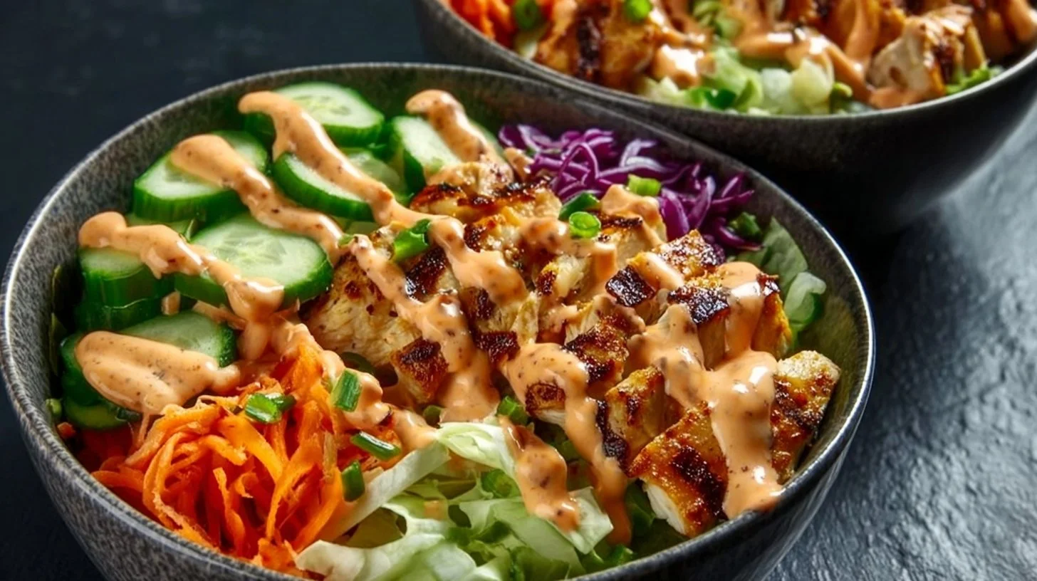 Delicious Bang-Bang Chicken Bowl with tender chicken and spicy sauce