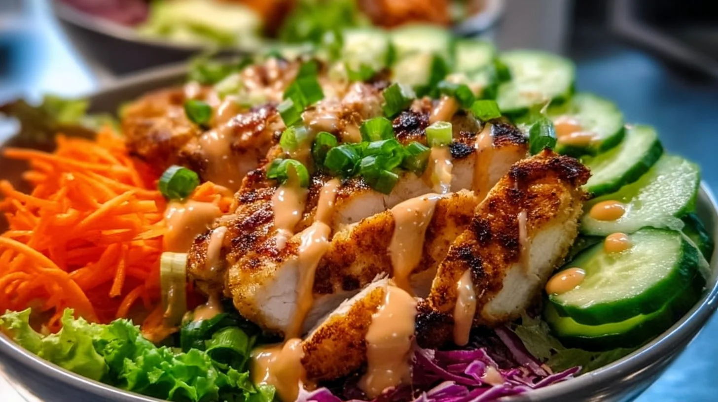 Bang Bang Chicken Bowl with colorful ingredients and spicy sauce