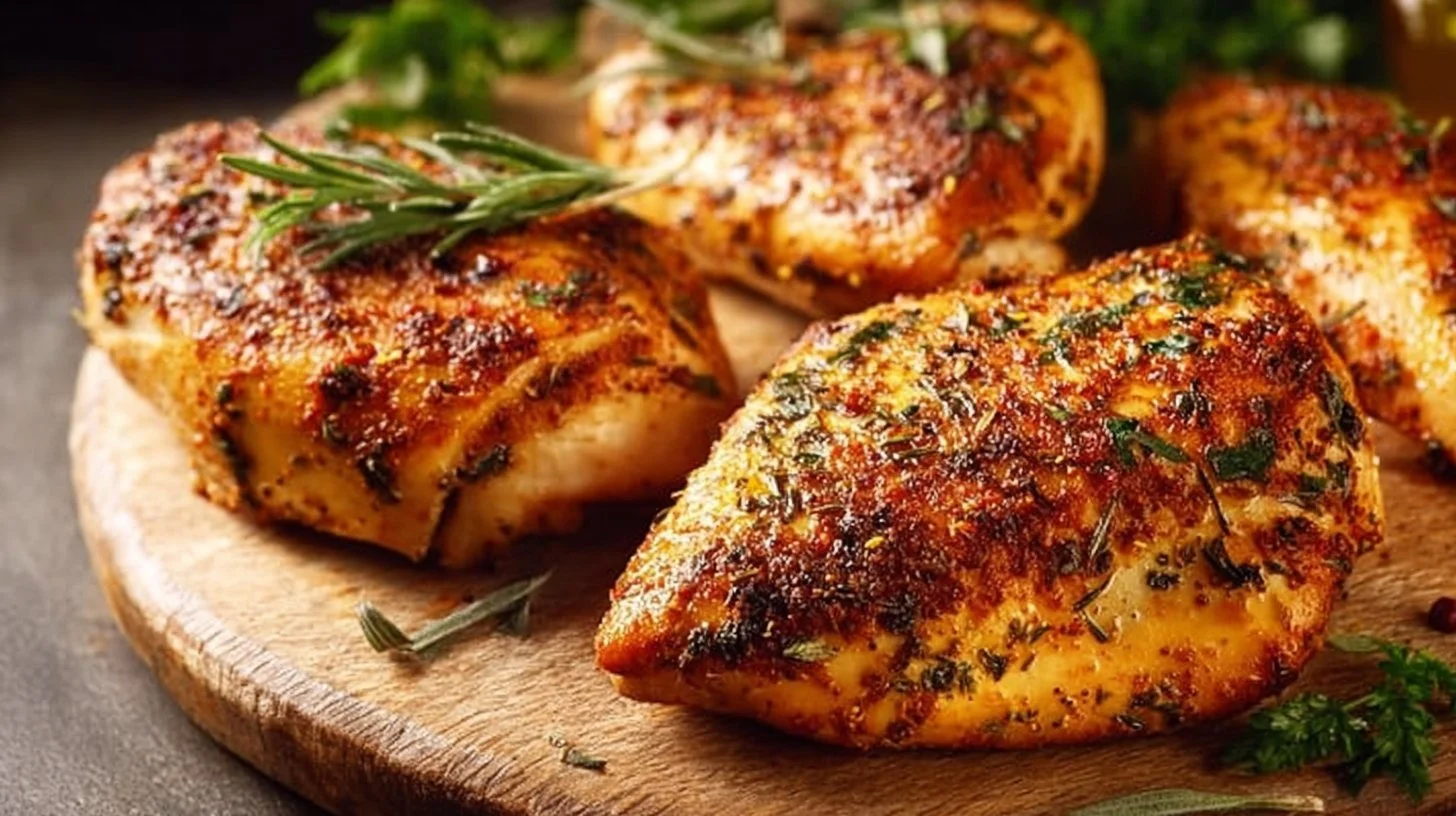 Deliciously seasoned baked chicken breast on a plate with fresh herbs