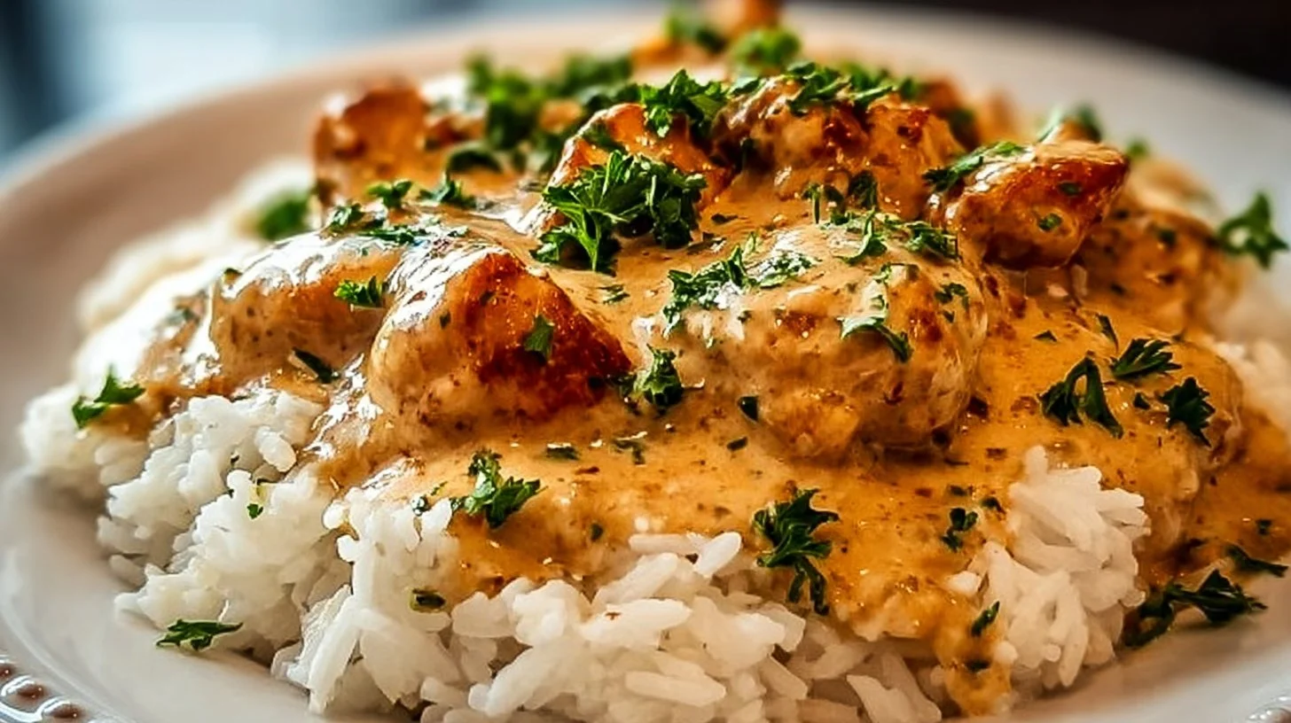 Delicious smothered chicken served over rice with savory gravy