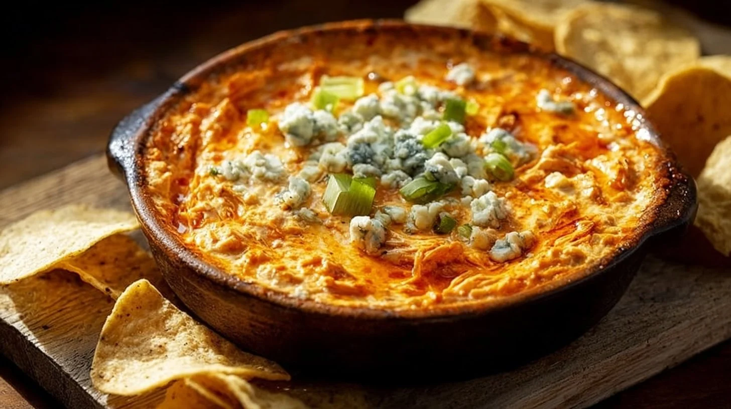 Delicious Buffalo Chicken Dip served with tortilla chips
