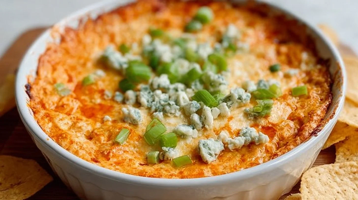 Delicious Buffalo Chicken Dip served in a bowl with tortilla chips on the side