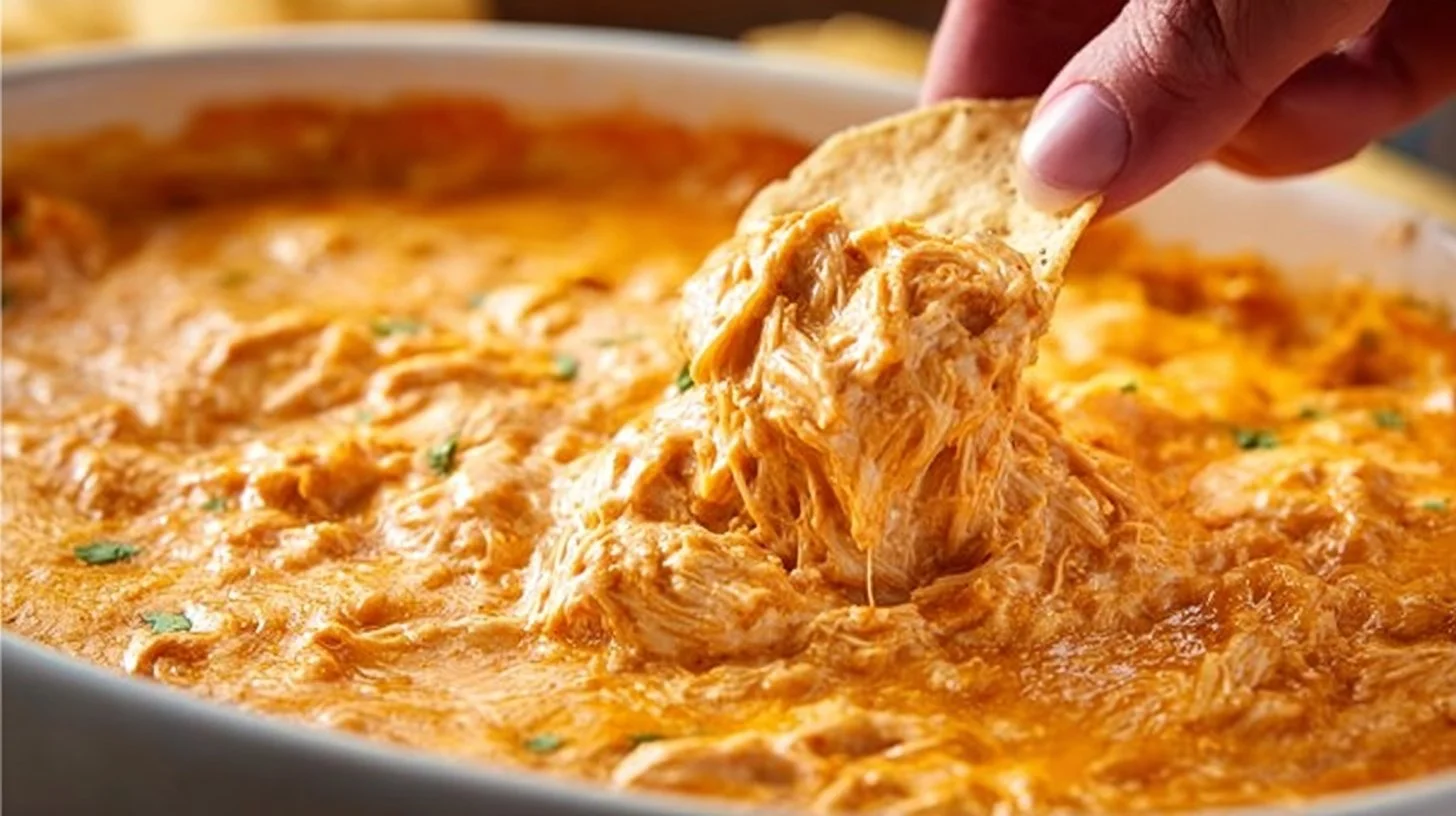 Buffalo Chicken Dip served in a bowl with tortilla chips on the side