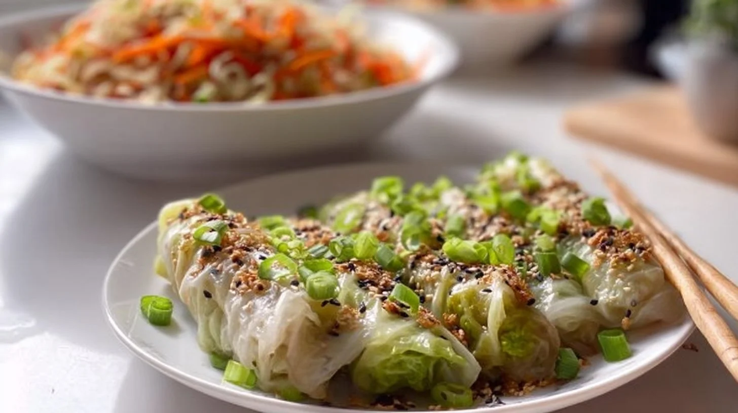 Plate of steaming cabbage dumplings served with sour cream and herbs