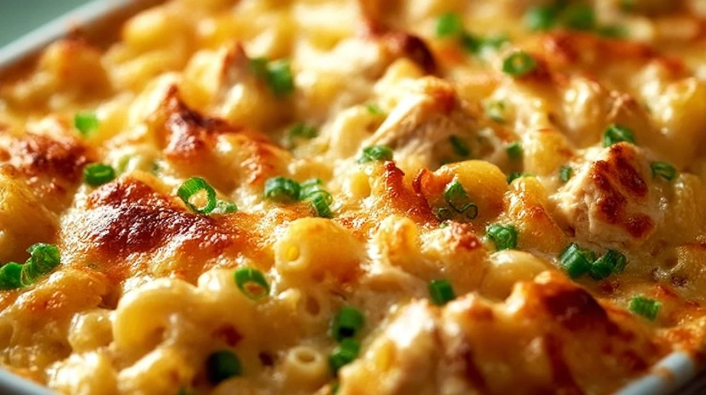 Delicious cheesy chicken casserole topped with melted cheese and herbs