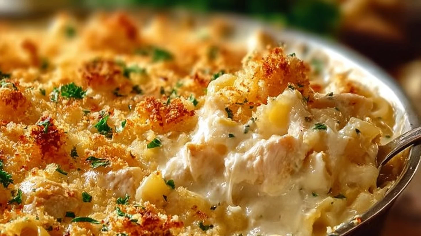 Cheesy Crack Chicken Casserole served in a baking dish with toppings