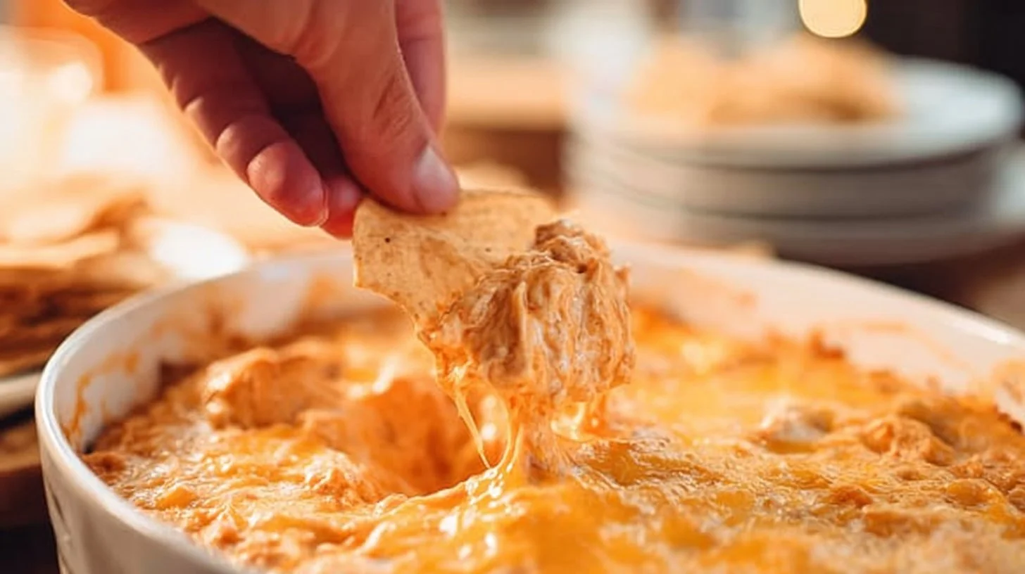 Delicious Cheesy Creamy Buffalo Chicken Dip served with tortilla chips
