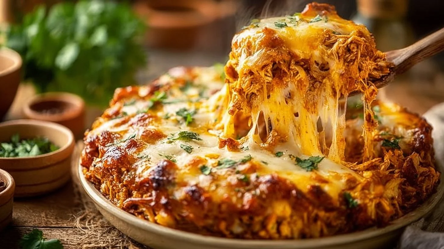 Cheesy shredded chicken bake topped with melted cheese in a baking dish