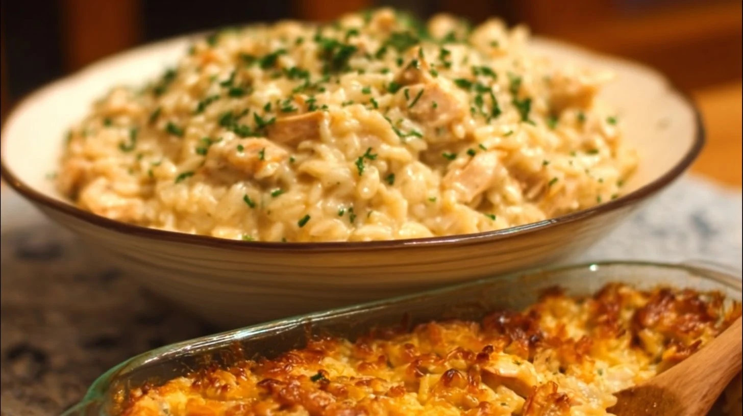 Delicious Chicken Rice Casserole with savory flavors and succulent chicken pieces.