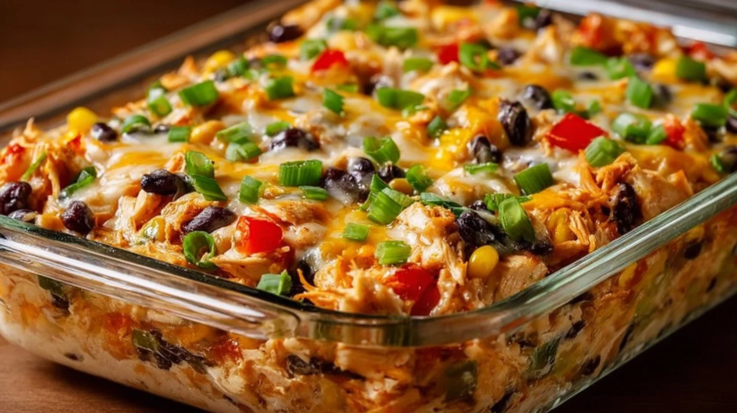 Chicken Burrito Casserole topped with cheese and fresh ingredients