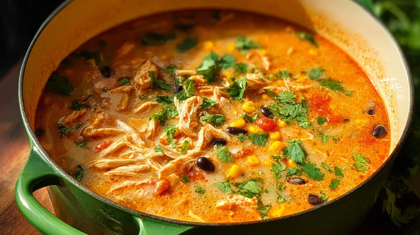 Delicious bowl of Chicken Enchilada Soup garnished with fresh cilantro and tortilla strips
