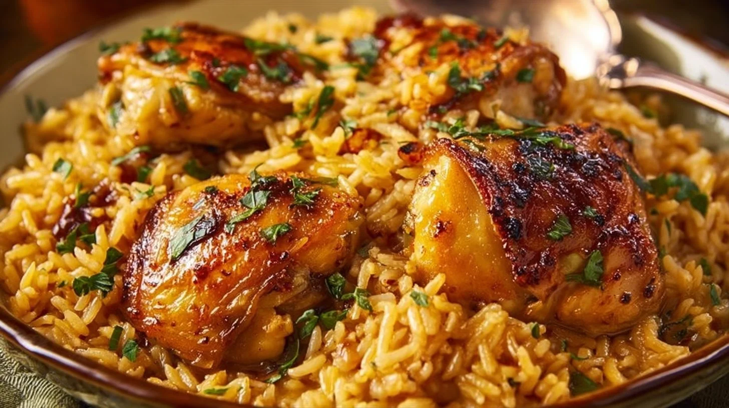 Delicious chicken thighs served with rice in a flavorful dish.