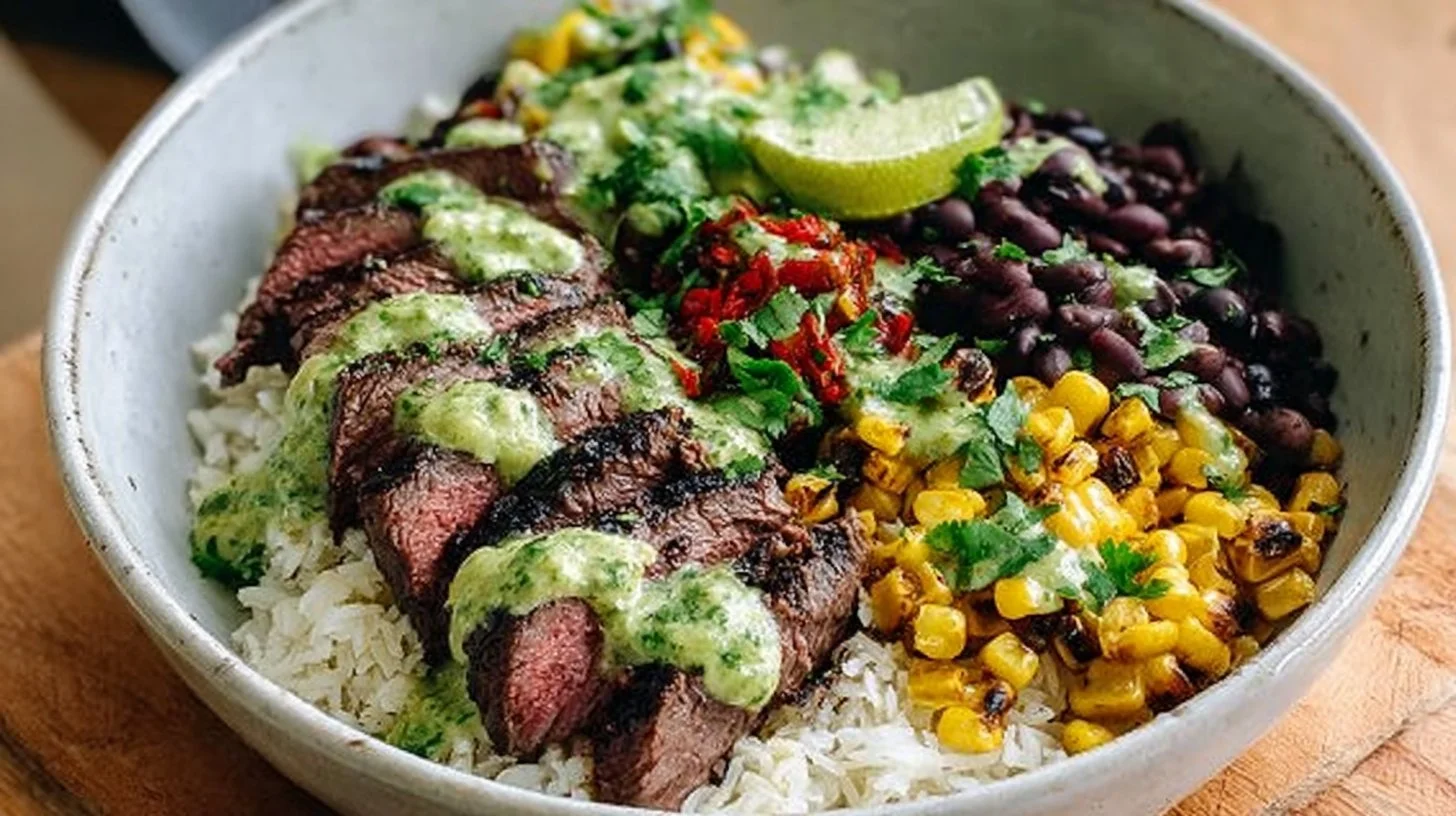 Cilantro lime steak bowls served with fresh vegetables and lime wedges
