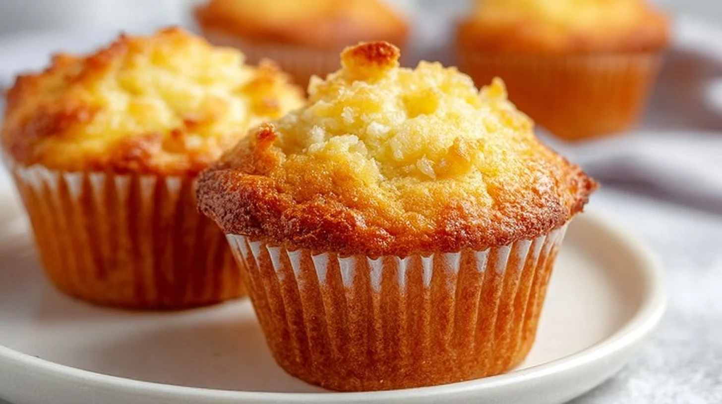 Coconut Pineapple Muffins made with cottage cheese and topped with coconut flakes.