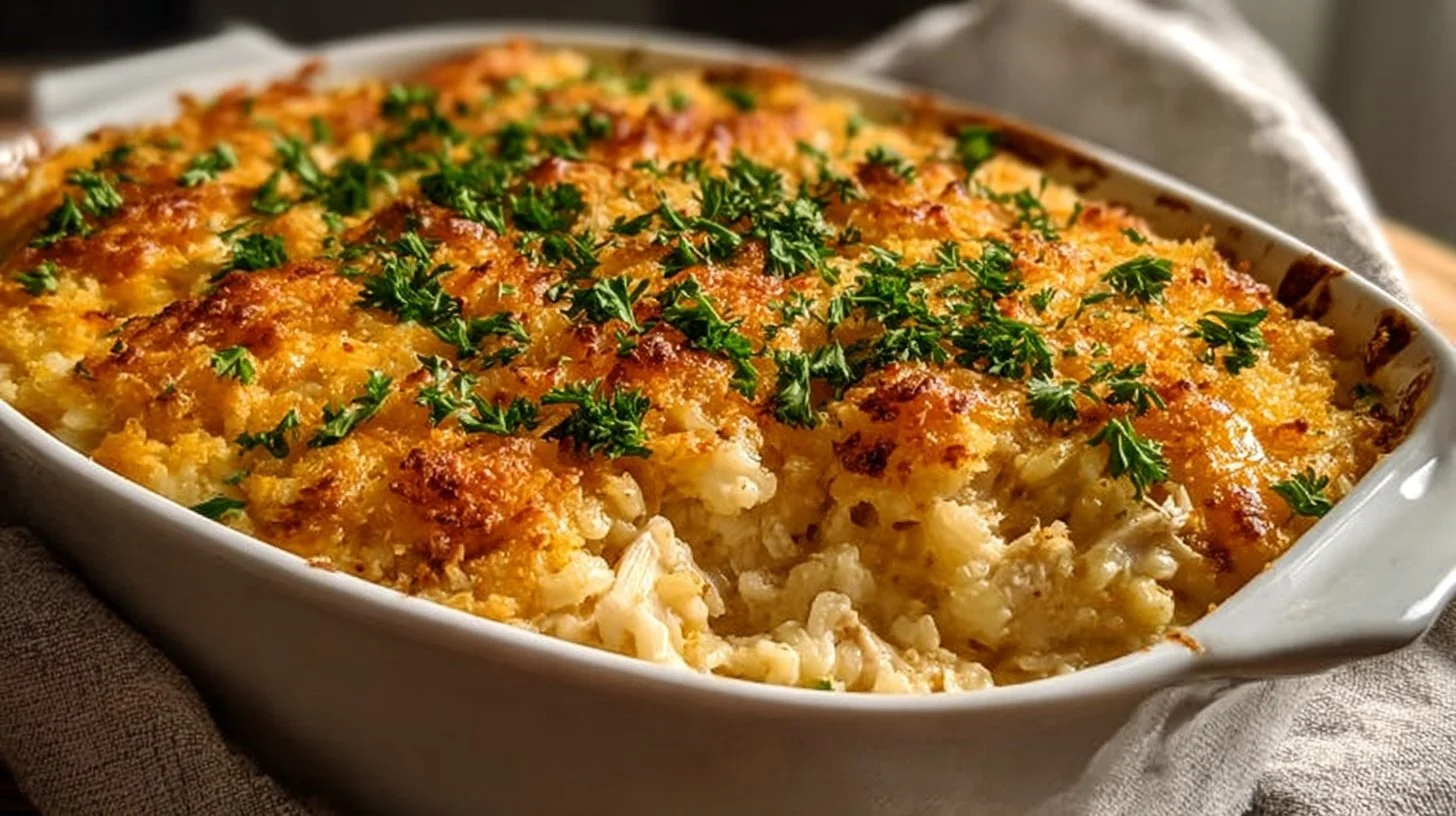 Delicious comforting chicken rice casserole served in a bowl.