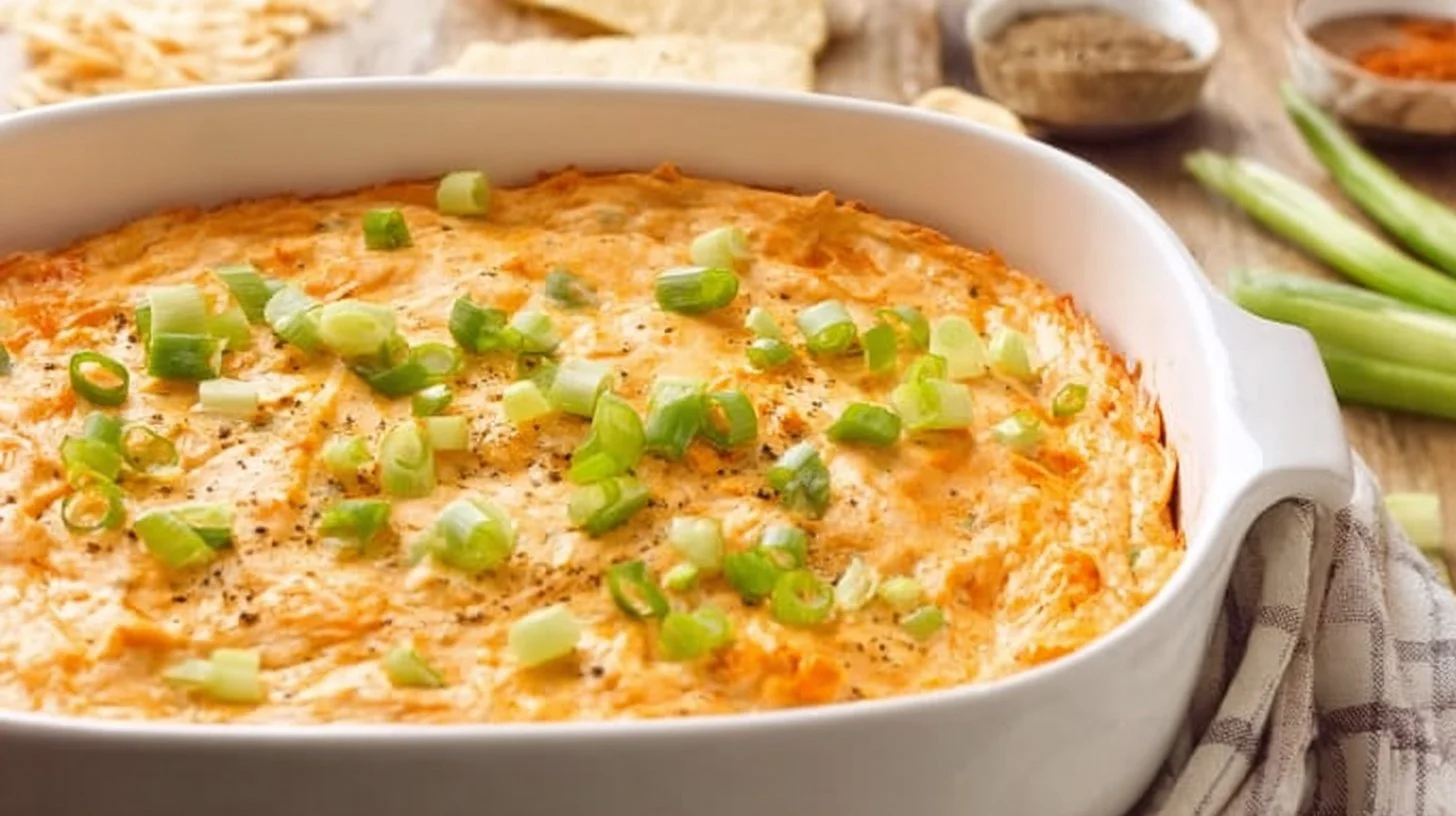 Creamy Cottage Cheese Buffalo Chicken Dip served in a bowl with tortilla chips