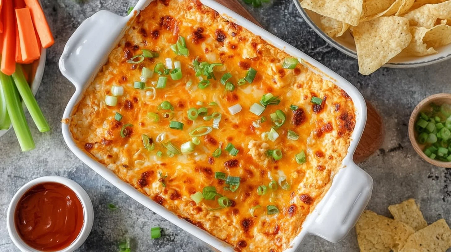 Cottage Cheese Buffalo Chicken Dip served in a bowl with tortilla chips