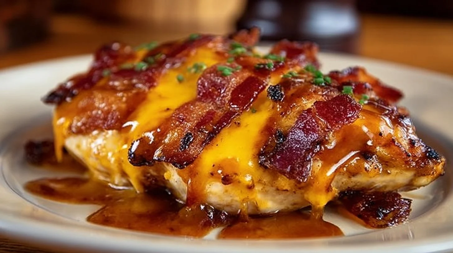 Delicious Cowboy BBQ Bacon Cheddar Chicken topped with crispy bacon and melted cheddar cheese.