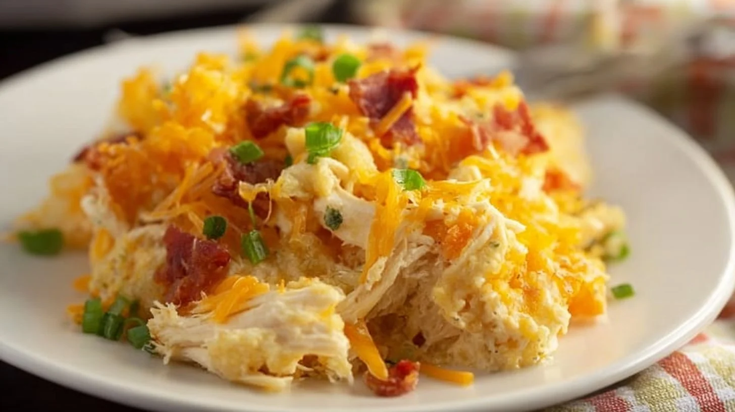 Creamy and cheesy Crack Chicken Casserole served on a plate with herbs