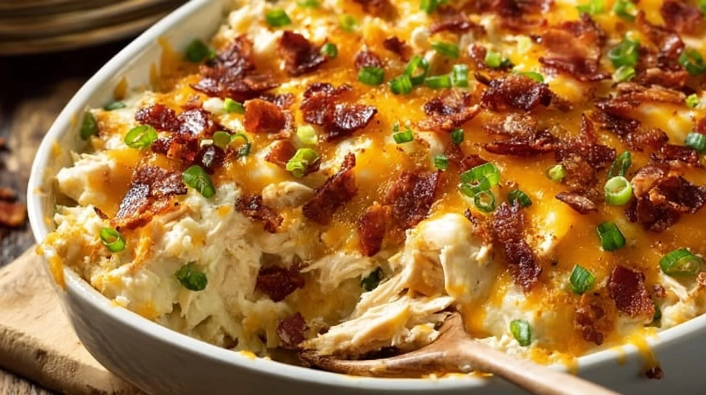 Delicious Crack Chicken Casserole topped with cheese and herbs in a baking dish