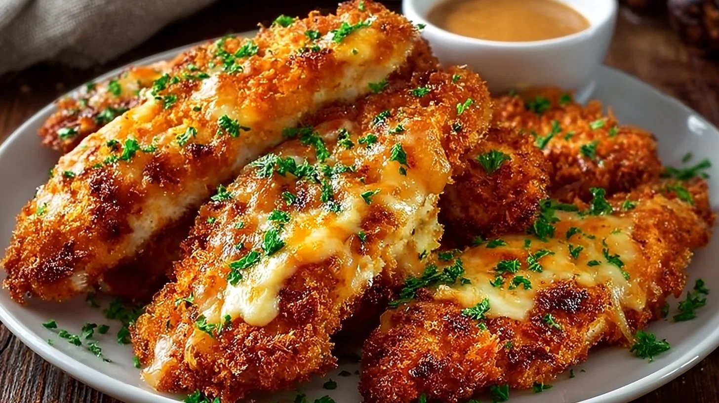 Crispy Crack Chicken Tenders on a plate with dipping sauce