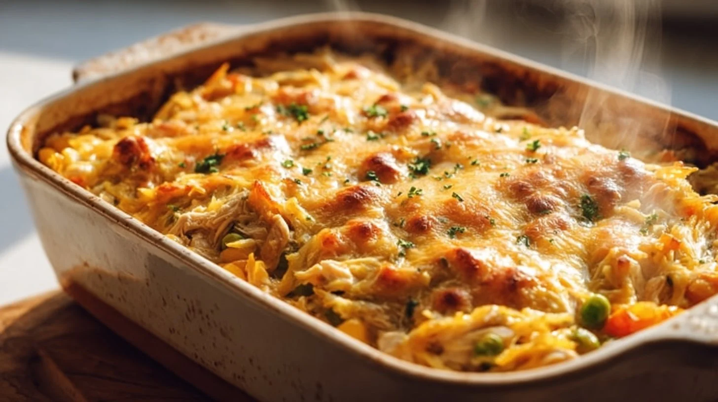 Delicious Crazy Good Casserole served in a baking dish with golden brown topping