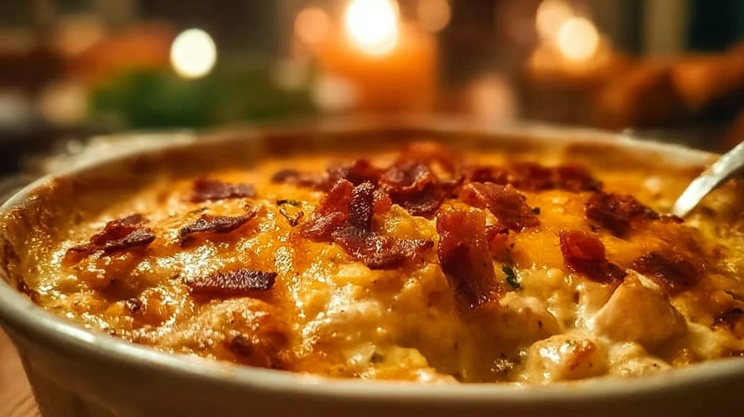 Delicious Crazy Good Chicken Casserole served in a baking dish with garnishes.