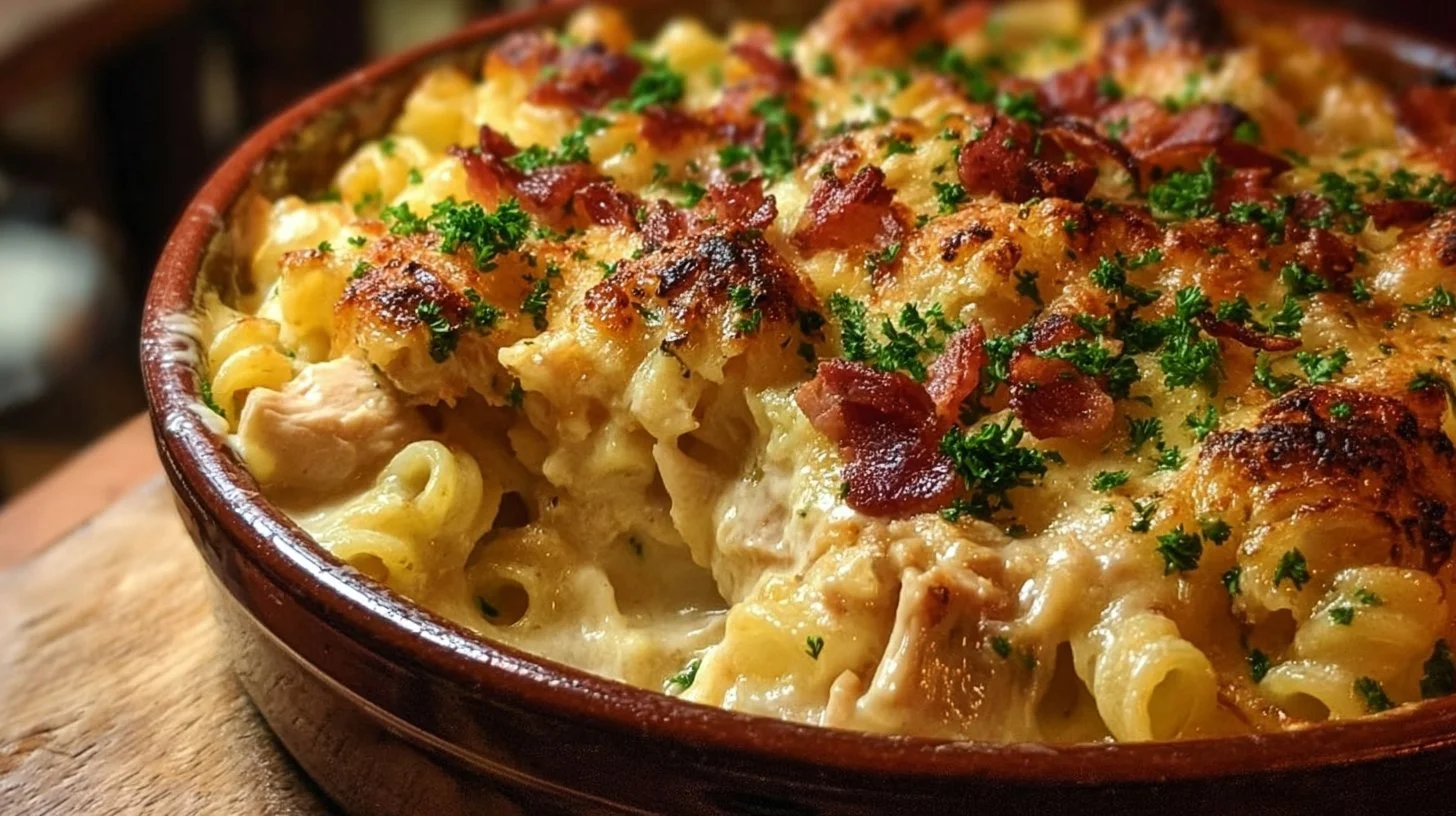 Delicious chicken pasta casserole baked to perfection in a dish.