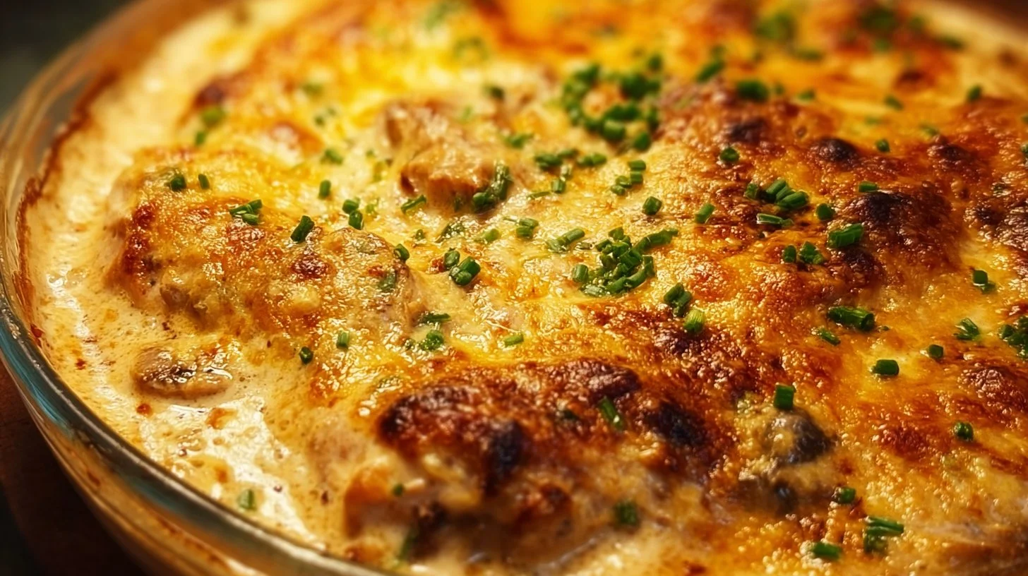 Creamy baked chicken breast served on a plate with herbs and vegetables