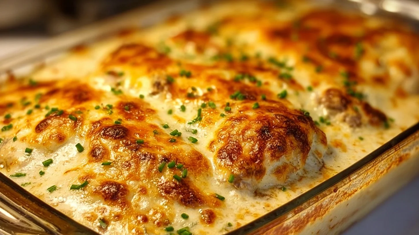 Creamy baked chicken breast served on a plate with herbs and spices