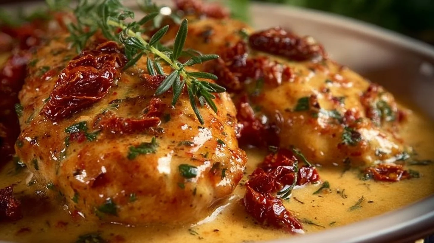 Creamy crockpot Marry Me Chicken served with herbs and sides
