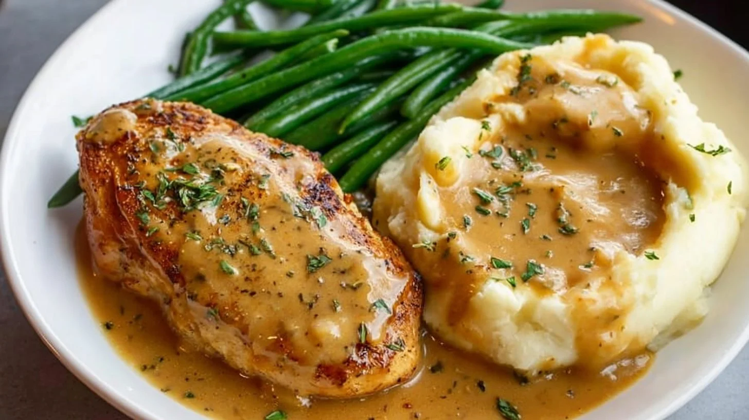 Creamy garlic chicken served with herbs and a side of vegetables
